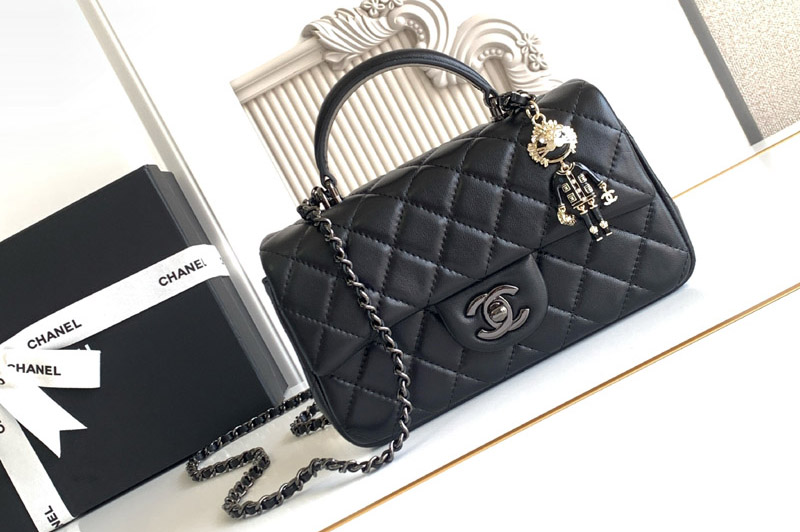 CC Mini Flap Bag With Top Handle In Black Leather