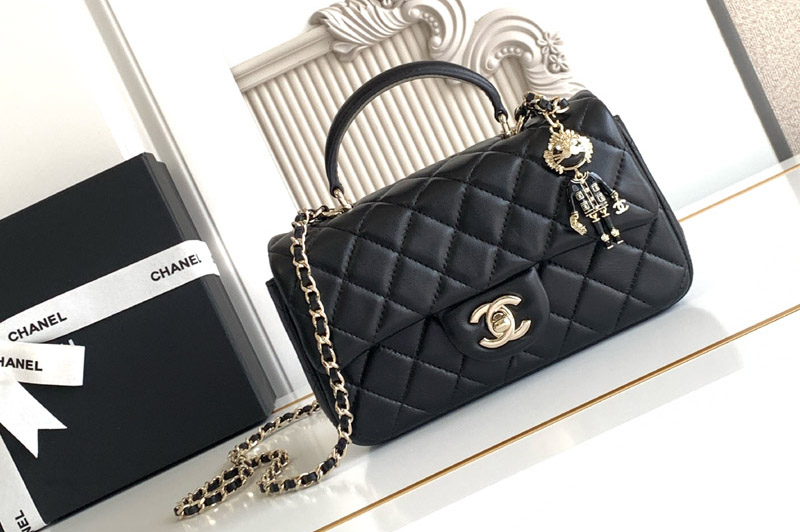 CC Mini Flap Bag With Top Handle In Black Leather