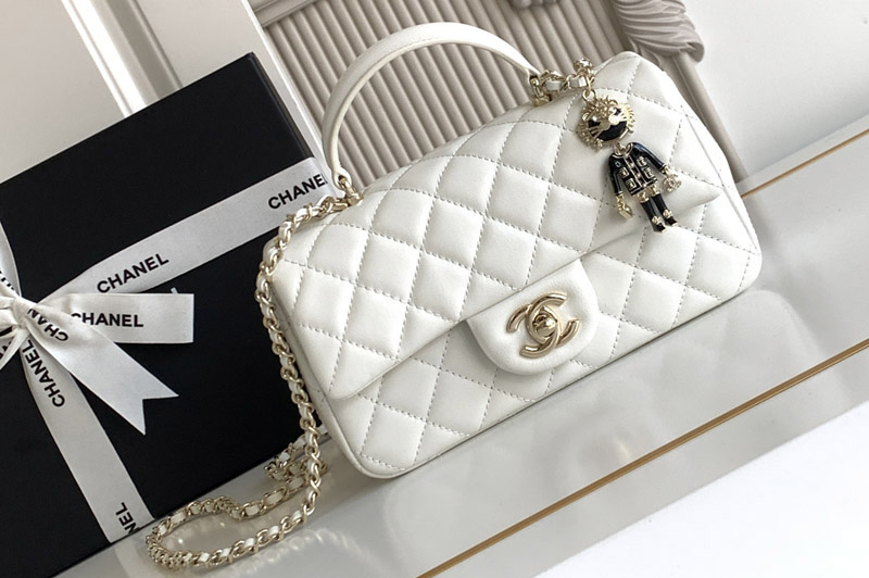 CC Mini Flap Bag With Top Handle In White Leather