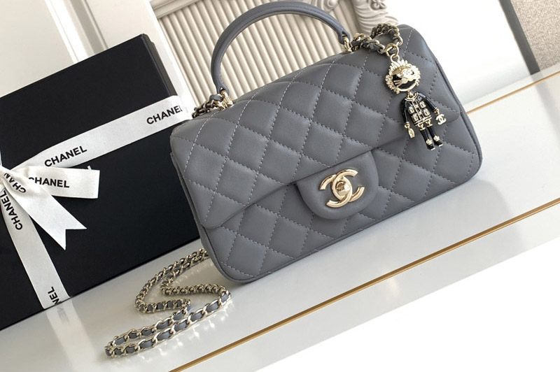 CC Mini Flap Bag With Top Handle In Dark Gray Leather