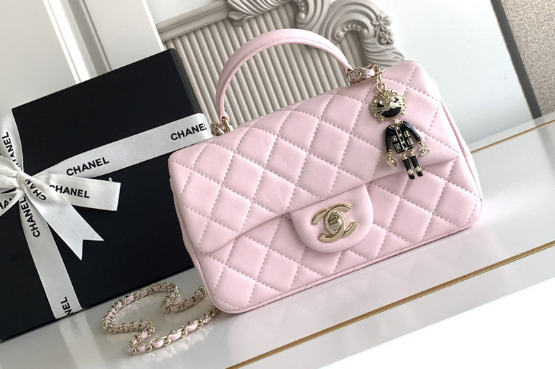 CC Mini Flap Bag With Top Handle In Pink Leather