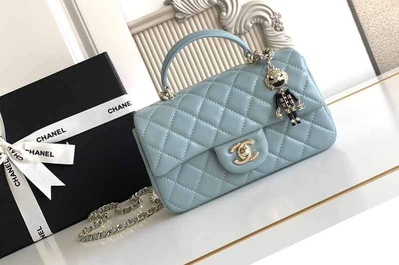 CC Mini Flap Bag With Top Handle In Blue Leather