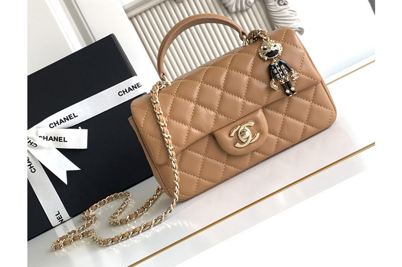 CC Mini Flap Bag With Top Handle In Brown Leather