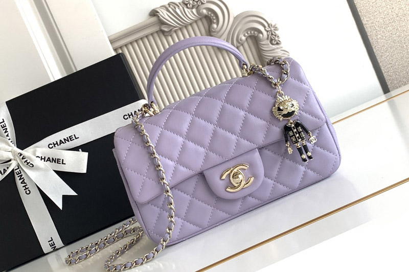 CC Mini Flap Bag With Top Handle In Purple Leather