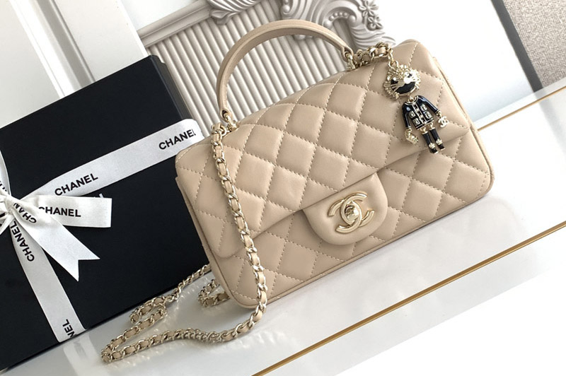 CC Mini Flap Bag With Top Handle In Beige Leather