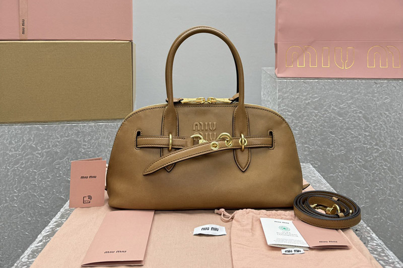 Miu Miu 5BB168 Aventure nappa leather top-handle bag in Brown Lambskin