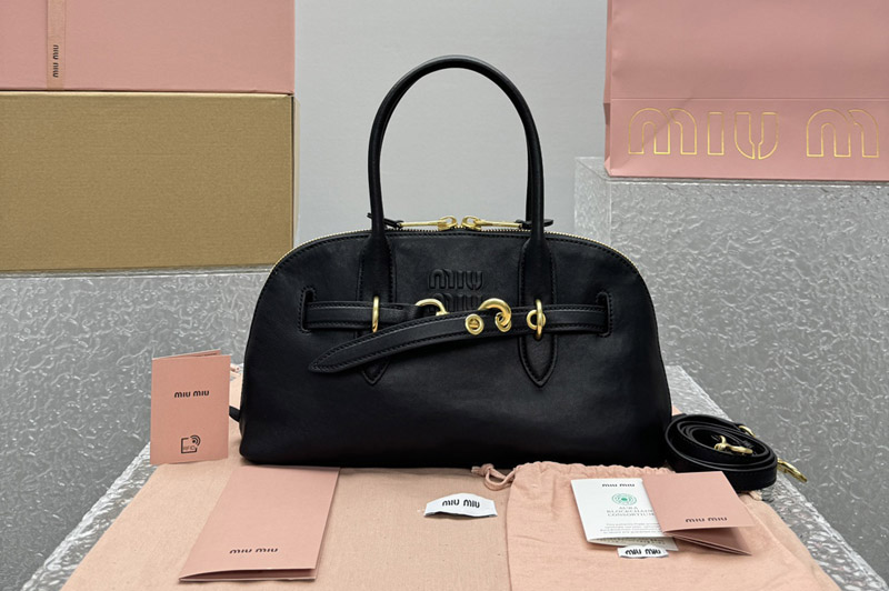Miu Miu 5BB168 Aventure nappa leather top-handle bag in Black Lambskin