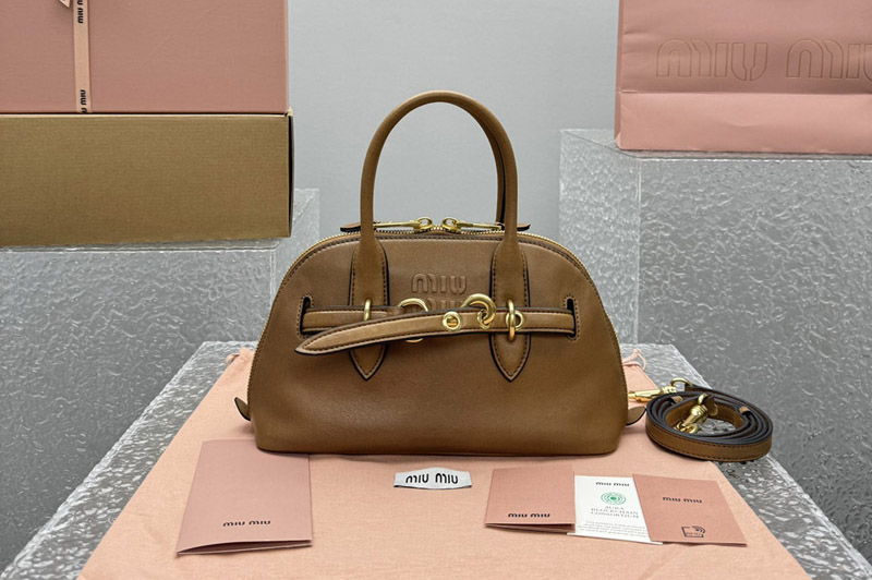 Miu Miu 5BB169 Aventure nappa leather top-handle bag in Brown Lambskin
