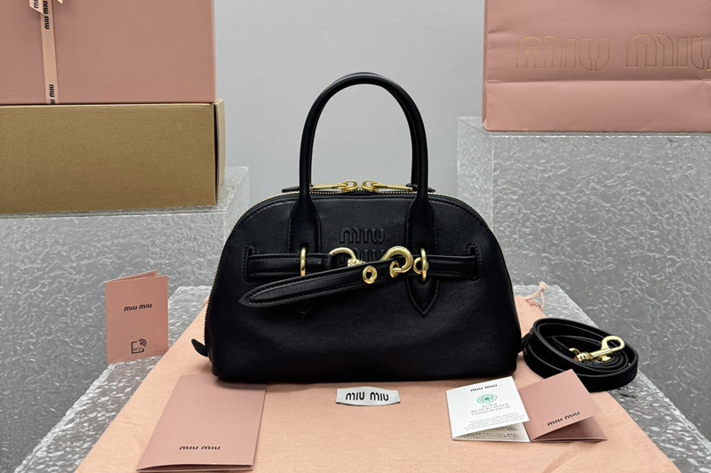Miu Miu 5BB169 Aventure nappa leather top-handle bag in Black Lambskin