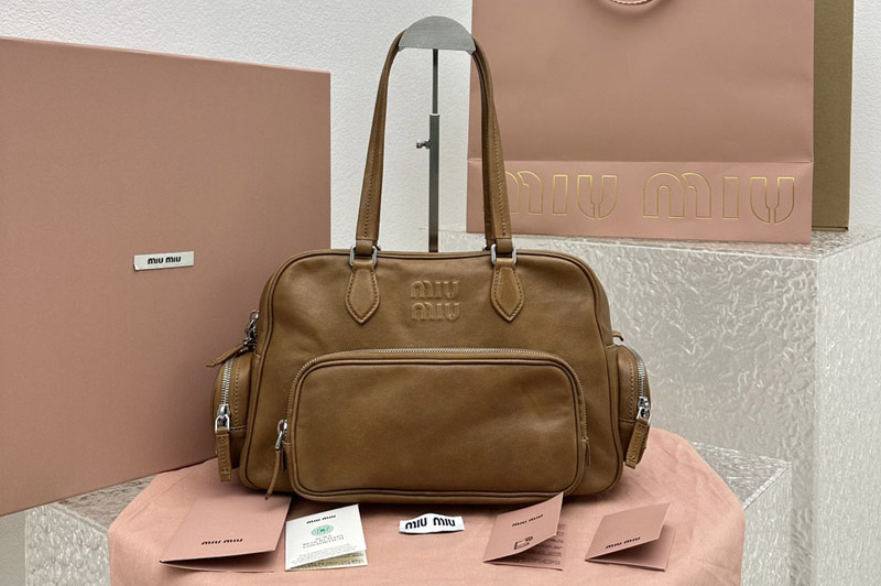 Miu Miu 5BB159 Pocket nappa leather top-handle bag in Caramel Calfskin