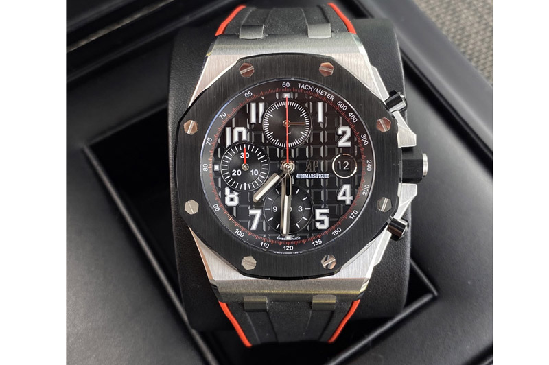 Audemars Piguet Royal Oak Offshore 26470 Ceramic Bezel SS Best Edition Black Dial on Black/Red Rubber Strap A3840