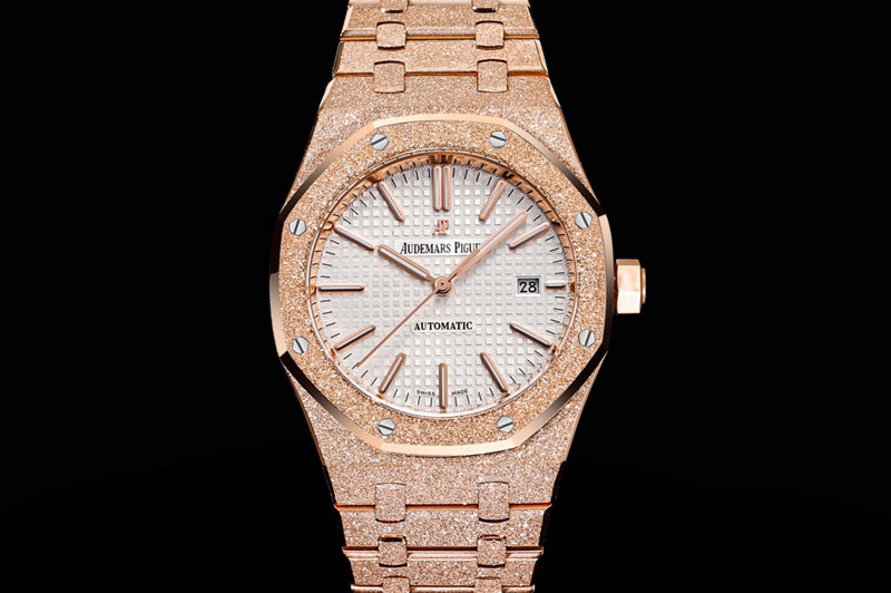 Audemars Piguet Royal Oak 37mm 15454 Frosted RG OMF 1:1 Best Edition White Textured Dial on Frosted SS Bracelet SA3120 Super Clo
