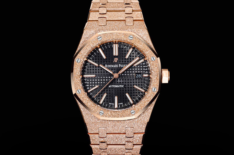 Audemars Piguet Royal Oak 37mm 15454 Frosted RG OMF 1:1 Best Edition Black Textured Dial on Frosted SS Bracelet SA3120 Super Clo