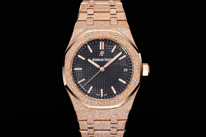 Audemars Piguet Royal Oak 41mm 15500 Frosted RG OMF 1:1 Best Edition Black Textured Dial on Frosted SS Bracelet SA4302 Super Clo