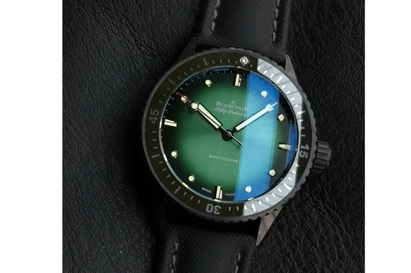 Blancpain Fifty Fathoms Bathyscaphe Green Ceramic GF 1:1 Best Edition Green Ombre Dial On Black Sail-Canvas Strap A1315