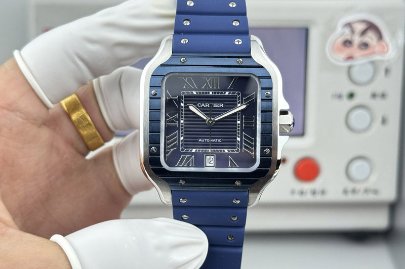 Santos de Cartier 40mm SS/Cer GF 1:1 Best Edition Blue Dial on Blue Rubber Strap MIYOTA 9015
