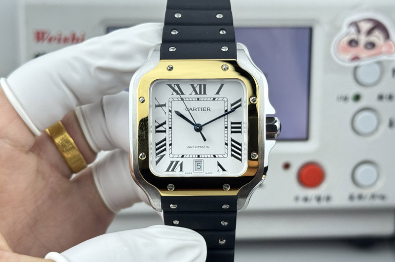 Santos de Cartier 40mm SS/YG GF 1:1 Best Edition White Dial on Black Rubber Strap MIYOTA 9015