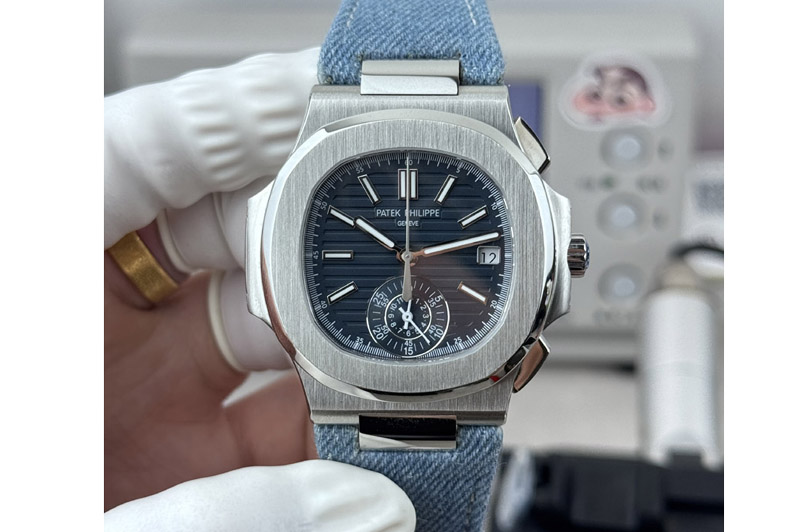 Patek Philippe Nautilus 5980 SS 3KF Best Edition Blue Dial on Denim Blue Leather Strap PP.CH28-520