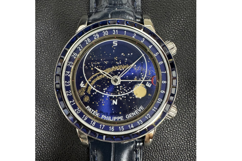 Patek Philippe Grand Complications 6102 SS 3KF Best Edition Blue Diamonds Bezel Blue Dial on Blue Leather Strap A240