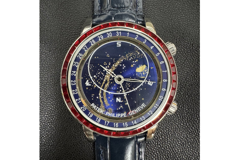 Patek Philippe Grand Complications 6102 SS 3KF Best Edition Red Diamonds Bezel Blue Dial on Blue Leather Strap A240