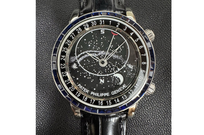 Patek Philippe Grand Complications 6102 SS 3KF Best Edition Black Diamonds Bezel Black Dial on Black Leather Strap A240