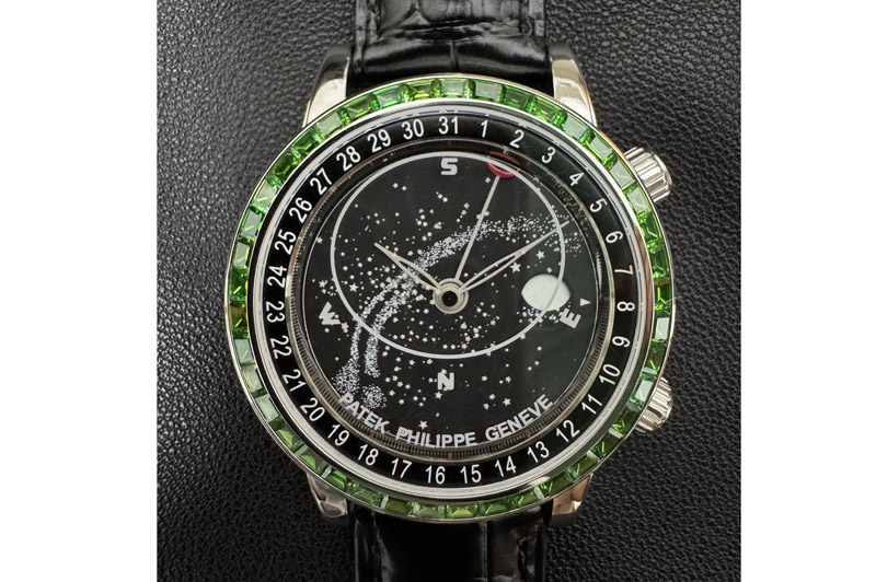 Patek Philippe Grand Complications 6102 SS 3KF Best Edition Green Diamonds Bezel Black Dial on Black Leather Strap A240