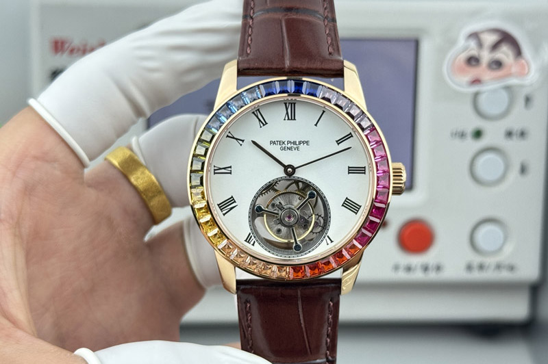 Patek Philippe Calatrava 42mm Tourbillion RG Dimaond Bezel White Dial on Leather Strap