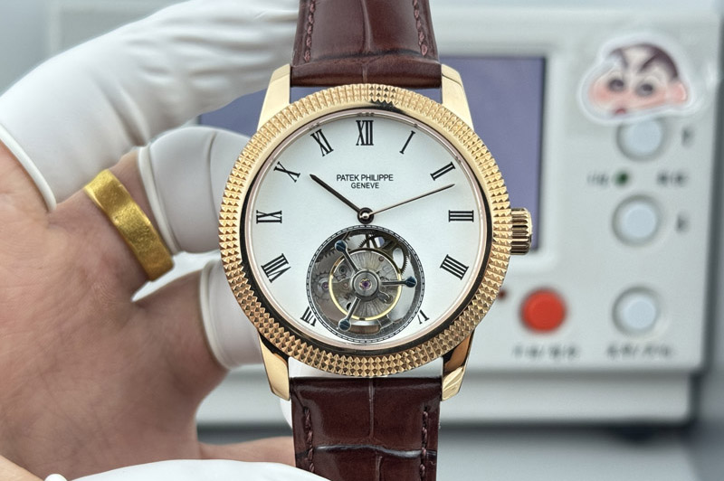 Patek Philippe Calatrava 42mm Tourbillion RG White Dial on Leather Strap
