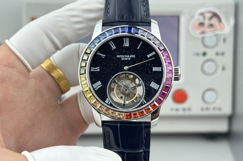 Patek Philippe Calatrava 42mm Tourbillion SS Dimaond Bezel Black Dial on Leather Strap