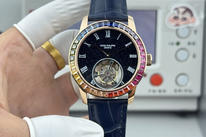 Patek Philippe Calatrava 42mm Tourbillion RG Dimaond Bezel Black Dial on Leather Strap