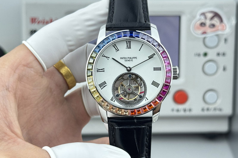 Patek Philippe Calatrava 42mm Tourbillion SS Dimaond Bezel White Dial on Leather Strap