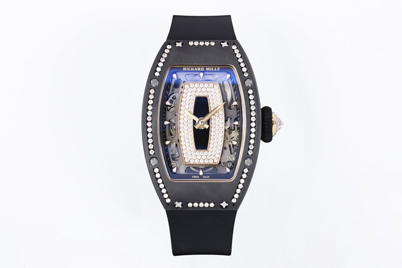 Richard Mille RM07 Ladies Black Ceramic Diamonds Bezel ZF 1:1 Best Edition Black Dial on Black Rubber Strap CRMA2 Clone
