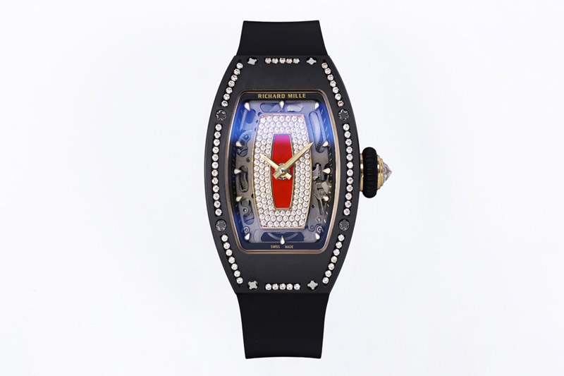 Richard Mille RM07 Ladies Black Ceramic Diamonds Bezel ZF 1:1 Best Edition Red Dial on Black Rubber Strap CRMA2 Clone