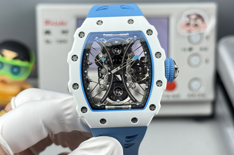 Richard Mille RM053-01 White Ceramic Best Edition Skeleton Dial on Blue Rubber Band Asian Tourbillon