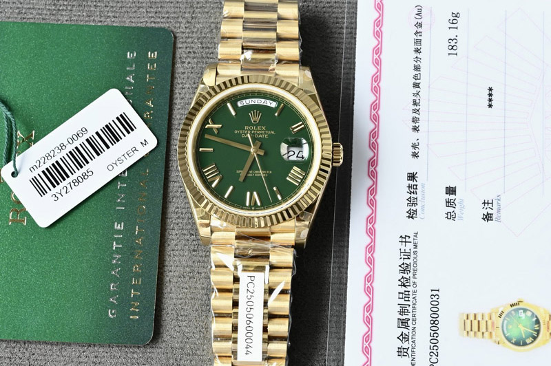 Rolex Day Date 18K Yellow Gold Wrapped(5um) 1:1 Best Edition Green Dial on Swiss ETA-2836(180g)