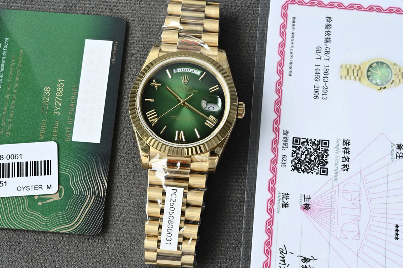 Rolex Day Date 18K Yellow Gold Wrapped(5um) 1:1 Best Edition Green Dial on Swiss ETA-2836(180g)