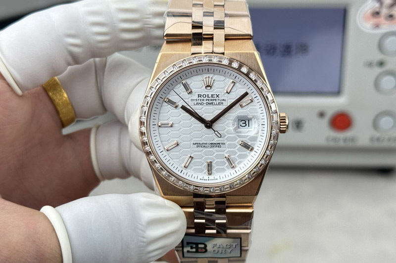 Rolex Land Dweller 127385 Diamond Bezel Gain Weight RG B Factory White Dial T Diamond Marker On RG Bracelet A7135 (164g)