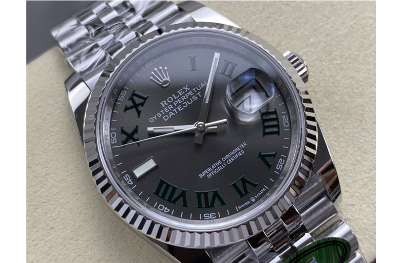 Rolex Datejust 36 126234 904L Steel AR+F 1:1 Best Edition Gray Dial Green Roman on SS Bracelet VR3235