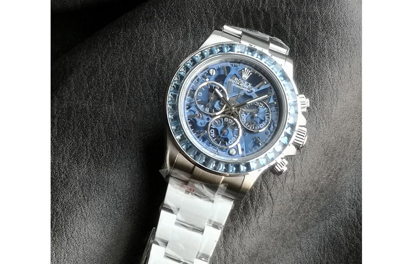 Rolex Daytona Arolla SONIC Best Edition Blue Crystal Skeleton Dial Diamonds Bezel on SS Oyster Bracelet SA4130