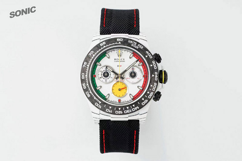 Rolex Daytona DIW Ferrari White Carbon SONIC 1:1 Best Edition White Dial on Black Nylon Strap SA4130