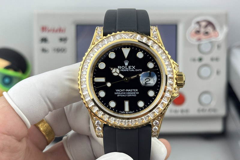 Rolex Yacht-Master 226679TBR Gain Weight FH 1:1 Best Edition YG Black Dial Diamond Bezel On Oysterflex Strap Cal.3235(158g)