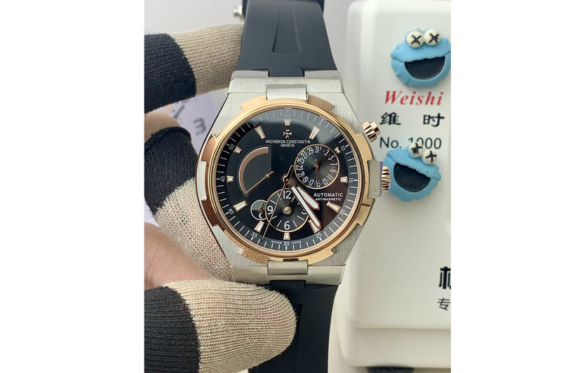 Vacheron Constantin Overseas Dual Time Power Reserve 47450 9F SS Best Edition Black Dial on Black Rubber Band Miyota 9015
