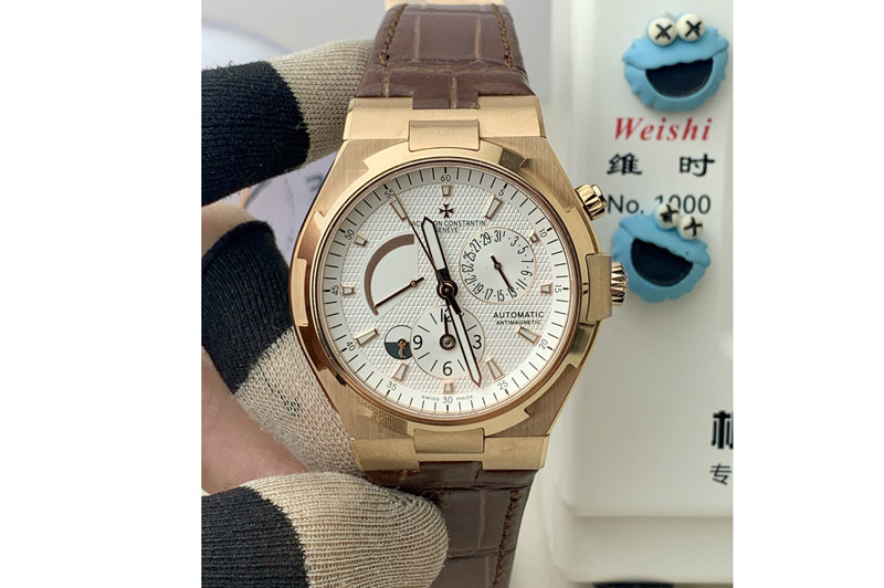 Vacheron Constantin Overseas Dual Time Power Reserve 47450 9F RG Best Edition White Dial on Brown Leather Strap Miyota 9015