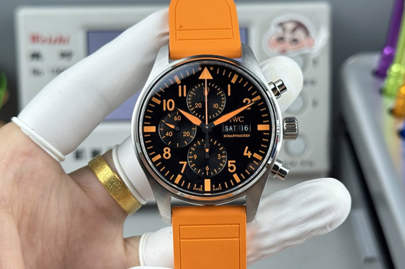 IWC Pilot Chrono IW388108 1:1 Best Edition Black Dial on Orange Rubber Strap SA69385 Super Clone