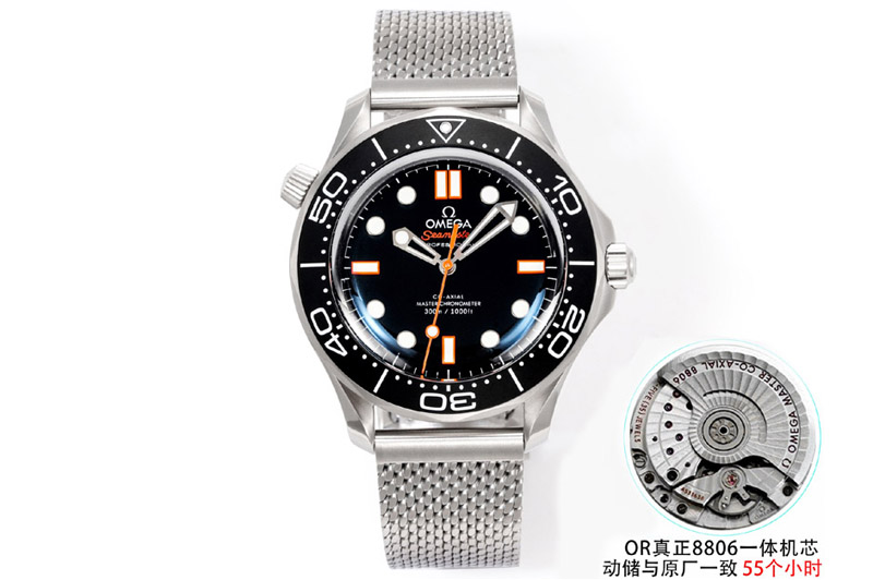 Omega Seamaster 300M Diver 42mm Orange Second Hand SS ORF Best Edition Black Dial On Mesh Bracelet SuperClone 8806 (Free Rubber