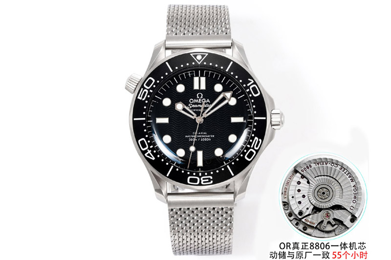 Omega Seamaster 300M Diver 42mm SS ORF Best Edition Black Wave Texture Dial On Mesh Bracelet Super Clone 8806 (Free Rubber Strap