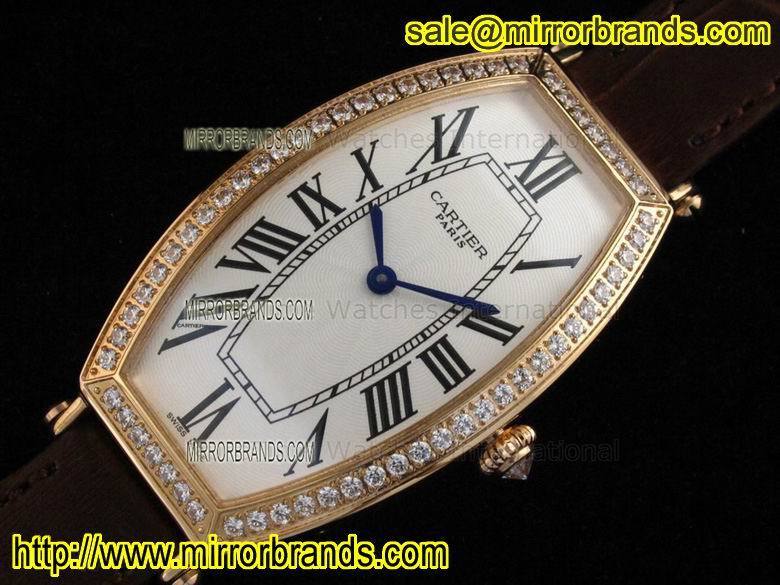 Replica Cartier Tonneau RG White Dial Diamond Bezel on Brown Leather Strap