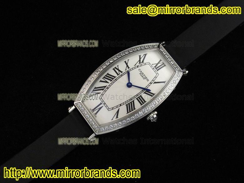 Replica Cartier Tonneau SS White Dial Diamond Bezel on Black Fabric Strap