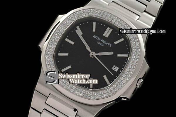 Patek philippe Nautilus Jumbo SS Black/Sticks Diamond Bez Swiss Eta 2824-2 Replica Watches