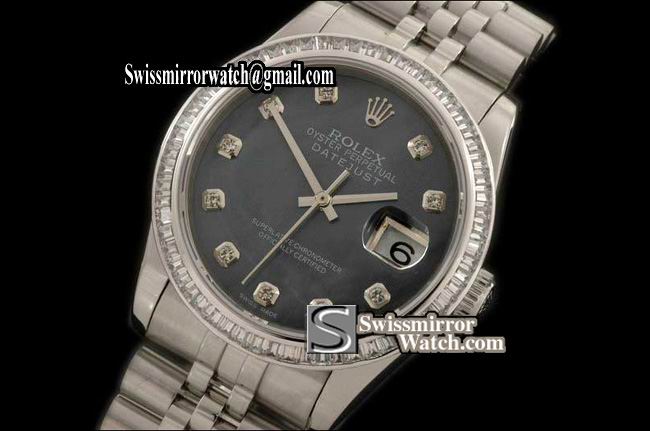 Mens Rolex Datejust SS MOP Black Diam Sq Cut Bez Jubliee Swiss Eta 2836-2 Replica Watches